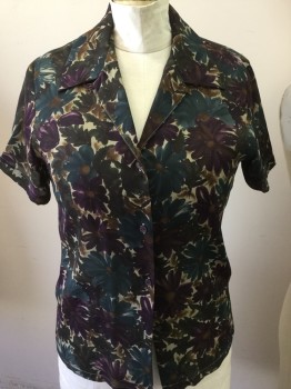 JOSEPHINE CHAUS, Teal Blue, Purple, Gray, Brown, Polyester, Floral, Button Front, Collar Attached, Short Sleeves,