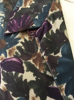 JOSEPHINE CHAUS, Teal Blue, Purple, Gray, Brown, Polyester, Floral, Button Front, Collar Attached, Short Sleeves,