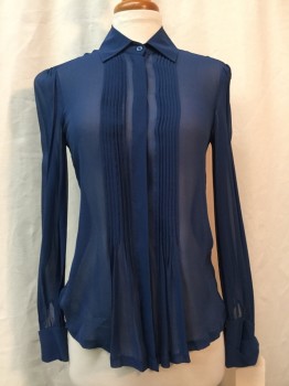 CLUB MONACO, Dk Blue, Synthetic, Solid, Sheer Dark Blue, Button Front, Collar Attached, Accordion Pleated Center Front,