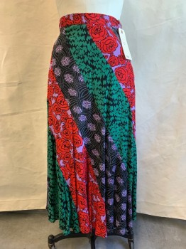 Womens, Skirt, Long, MAEVE, Black, Red, Green, Purple, White, Rayon, Floral, Abstract , 6, Zip Side, Asymmetric Panel Detail