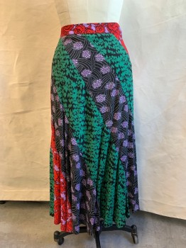 Womens, Skirt, Long, MAEVE, Black, Red, Green, Purple, White, Rayon, Floral, Abstract , 6, Zip Side, Asymmetric Panel Detail