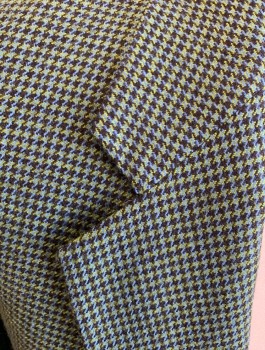 MICHELE D'AMBRA, Lime Green, Lt Blue, Black, Wool, Viscose, Houndstooth, Single Breasted, Notched Lapel, 2 Buttons, 3 Pockets