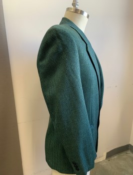 MICHELE D'AMBRA, Lime Green, Lt Blue, Black, Wool, Viscose, Houndstooth, Single Breasted, Notched Lapel, 2 Buttons, 3 Pockets