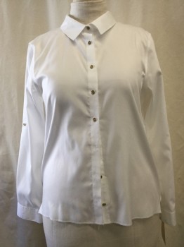 Womens, Blouse, CALVIN KLEIN, White, Cotton, Solid, L, Button Front, Collar Attached, Long Sleeves,