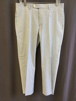 Mens, Suit, Piece 3, RALPH LAUREN, White, Slate Blue, Cotton, Spandex, Stripes - Vertical , 34/26+, 2nd PANTS:  1.5" Waistband with Belt Hoops, Flat Front, Zip Front, 4 Pockets