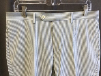 Mens, Suit, Piece 3, RALPH LAUREN, White, Slate Blue, Cotton, Spandex, Stripes - Vertical , 34/26+, 2nd PANTS:  1.5" Waistband with Belt Hoops, Flat Front, Zip Front, 4 Pockets