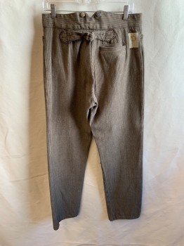 Mens, Historical Fiction Pants, WAH MAKER, Lt Brown, Dusty Black, Cotton, Stripes, 32/33, Twill, Flat Front, Button Fly, 3 Pockets + Watch Pocket, Suspender Buttons, Buckle Tab Back Waist