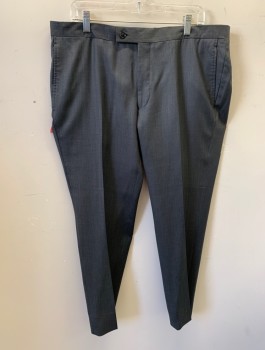 TED BAKER, Gray, Wool, Solid, Flat Front, Button Tab, Zip Fly, 5 Pockets Including 1 Watch Pocket, Suspender Buttons at Inside Waist