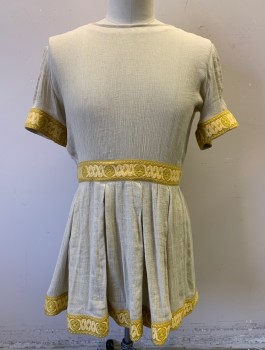 N/L MTO, Ecru, Goldenrod Yellow, Cotton, Gauze, with 2" Wide Golden Yellow Trim with Self Pattern, Short Sleeves, Round Neck, Pleated Waist, Hem Above Knee, Roman Soldier