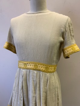 N/L MTO, Ecru, Goldenrod Yellow, Cotton, Gauze, with 2" Wide Golden Yellow Trim with Self Pattern, Short Sleeves, Round Neck, Pleated Waist, Hem Above Knee, Roman Soldier