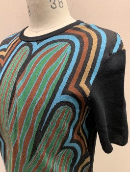 Mens, Pullover Sweater, SALVATORE FERRAGAMO, Black, Multi-color, Silk, Wool, Swirl , Abstract , M, Short Sleeves, Front is Swirled Pattern Back and Sleeves are Solid, Crew Neck, High End