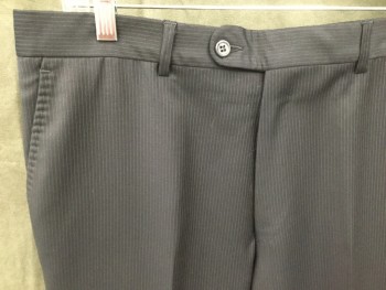 JOHN VARVATOS, Black, White, Wool, Stripes - Pin, Flat Front, Button Tab Waistband, 4 Pockets