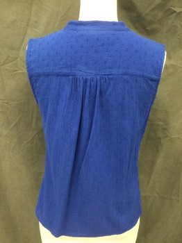 & OTHER STORIES, Royal Blue, Cotton, Solid, Dots, Crinkle Swiss Dot, Button Front, Stand Collar, Sleeveless, Gathered at Shoulder Seams and at Center Back Yoke