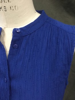 & OTHER STORIES, Royal Blue, Cotton, Solid, Dots, Crinkle Swiss Dot, Button Front, Stand Collar, Sleeveless, Gathered at Shoulder Seams and at Center Back Yoke