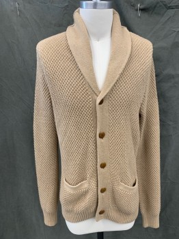 Mens, Cardigan Sweater, J. CREW, Camel Brown, Cotton, Solid, M, Textured Knit, Shawl Collar, Ribbed Knit Back Collar, 2 Pockets, Ribbed Knit Waistband/Cuff