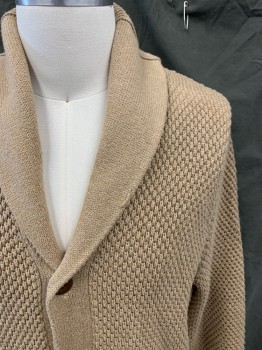 Mens, Cardigan Sweater, J. CREW, Camel Brown, Cotton, Solid, M, Textured Knit, Shawl Collar, Ribbed Knit Back Collar, 2 Pockets, Ribbed Knit Waistband/Cuff
