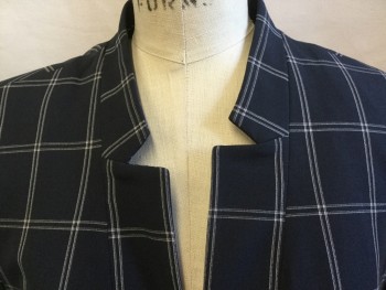Womens, Blazer, BANANA REPUBLIC, Navy Blue, Off White, Polyester, Rayon, Plaid-  Windowpane, 8, Collar Attached, Single Breasted, 1 Large Black Button Front, Solid Navy Lining, 2 Pockets, Long Sleeves, 1 Split Back Center Hem