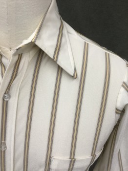 MERVYN'S, Bone White, Black, Goldenrod Yellow, Polyester, Stripes, Shiny, Button Front, Pointy Collar Attached, Short Sleeves, 1 Pocket
