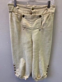 Mens, Historical Fiction Pants, MBA LTD, Cream, Cotton, Solid, W:30, Military Uniform Breeches, Brushed Twill, Fall Front, Knee Length, Gold Buttons and Buckle at Leg Opening, Lacings/Ties at Center Back Waist, Aged/Dirty, Made To Order Reproduction Late 1700's Early 1800's