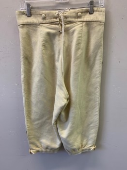 MBA LTD, Cream, Cotton, Solid, Military Uniform Breeches, Brushed Twill, Fall Front, Knee Length, Gold Buttons and Buckle at Leg Opening, Lacings/Ties at Center Back Waist, Aged/Dirty, Made To Order Reproduction Late 1700's Early 1800's