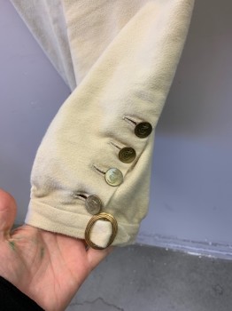Mens, Historical Fiction Pants, MBA LTD, Cream, Cotton, Solid, W:30, Military Uniform Breeches, Brushed Twill, Fall Front, Knee Length, Gold Buttons and Buckle at Leg Opening, Lacings/Ties at Center Back Waist, Aged/Dirty, Made To Order Reproduction Late 1700's Early 1800's