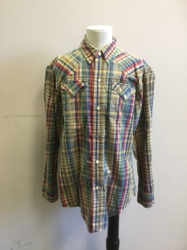 RALPH LAUREN, Tan Brown, Yellow, Red, Navy Blue, Green, Cotton, Plaid, Western Style, Snap Front, Western Yoke, Collar Attached, Long Sleeves, Snap Cuffs