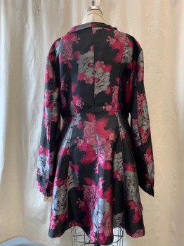 VERRY T, Black, Magenta Pink, Pink, Silver, Polyester, Floral, Open Collar Attached, 2 Large Black Buttons, Self Tie Belt, 2 Pockets,