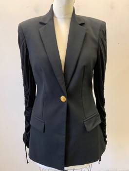 Womens, Blazer, VERSACE, Black, Wool, Polyamide, Solid, Size 4, Single Breasted, 1 Embossed Gold Button, Notched Lapel, Stretchy Long Sleeves with Ruched Channel at Outseam, Drawstrings at Cuffs, Padded Shoulders, 2 Welt Pockets