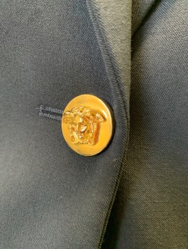 VERSACE, Black, Wool, Polyamide, Solid, Single Breasted, 1 Embossed Gold Button, Notched Lapel, Stretchy Long Sleeves with Ruched Channel at Outseam, Drawstrings at Cuffs, Padded Shoulders, 2 Welt Pockets