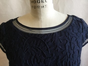 ADRIANNA PAPELL, Navy Blue, Cotton, Polyester, Floral, Leaves/Vines , Navy Elastic Net Trim Wide Neck, Cut-out Cap Sleeves, Ruffle Hem, Nave Floral/leaves Lace with Navy Lining, Zip Back, (NO BELT)