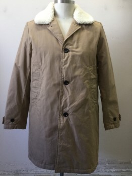 Mens, Coat, Overcoat, G STAR RAW, Tan Brown, Cream, Cotton, Sherpa, Solid, L, Collar Attached, Single Breasted, 2 Pockets, Cream Sherpa Collar
