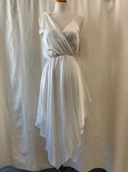 NL , White, Synthetic, Solid, Wrap Style, V-neck & V-back, Asymmetric Hem, One Strap with Knotted Bow