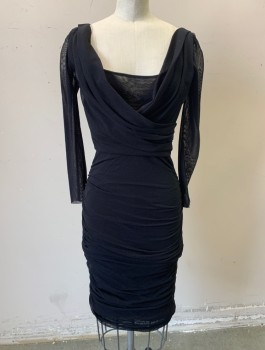 Womens, Dress, Long & 3/4 Sleeve, FUZZI, Black, Polyester, Spandex, Solid, S, Stretchy Mesh, 3/4 Sheer Sleeves, Draped Surplice Neckline with Scoop Neck Underneath, Ruched at Side Seams, Form Fitting, Knee Length