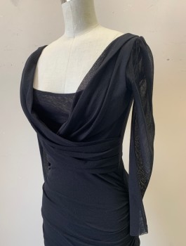 Womens, Dress, Long & 3/4 Sleeve, FUZZI, Black, Polyester, Spandex, Solid, S, Stretchy Mesh, 3/4 Sheer Sleeves, Draped Surplice Neckline with Scoop Neck Underneath, Ruched at Side Seams, Form Fitting, Knee Length