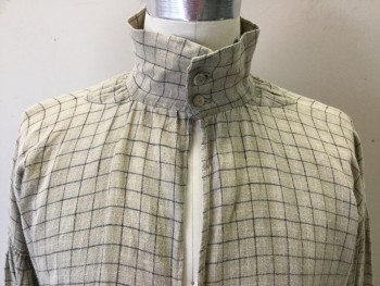 Mens, Historical Fiction Shirt, N/L , Khaki Brown, Black, Sand, Cotton, Linen, Plaid-  Windowpane, 15.5, L, Long Sleeves, Stand Collar with 2 Buttons, Keyhole Neck, Pullover, Tunic, Aged/Distressed,