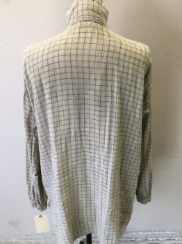 N/L , Khaki Brown, Black, Sand, Cotton, Linen, Plaid-  Windowpane, Long Sleeves, Stand Collar with 2 Buttons, Keyhole Neck, Pullover, Tunic, Aged/Distressed,