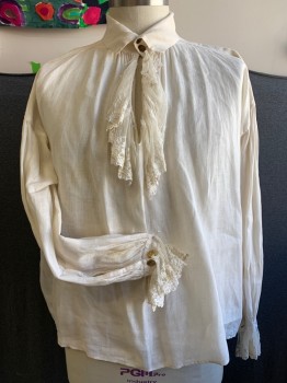MTO, Cream, Linen, Solid, 2 Button Hi Collar Band, Slit Neck with Lace Jabot, Lace Trimmed Cuffs, Pullover,