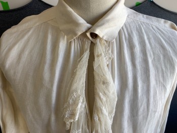Mens, Historical Fiction Shirt, MTO, Cream, Linen, Solid, C 64, N 17, 2 Button Hi Collar Band, Slit Neck with Lace Jabot, Lace Trimmed Cuffs, Pullover,