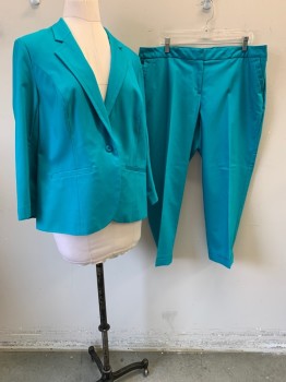 Womens, Suit, Jacket, LANE BRYANT, Turquoise Blue, Poly/Cotton, Spandex, Solid, Sz. 18, B: 46, Notched Lapel, Single Breasted, Button Front, 1 Button, 2 Pockets