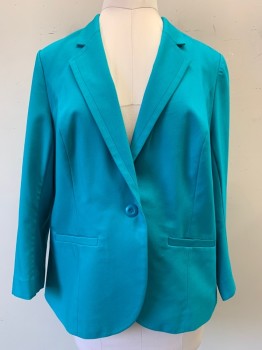 LANE BRYANT, Turquoise Blue, Poly/Cotton, Spandex, Solid, Notched Lapel, Single Breasted, Button Front, 1 Button, 2 Pockets