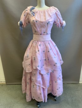 N/L MTO, Lt Pink, Slate Blue, Silk, Floral, BODICE, Organza with Embroidered Flowers, Short Sleeves, Round Neck with Ruffle, 3D Fabric Rosettes at Arms and Side of Neck, Made To Order Mid 1800's Fantasy