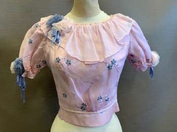 Womens, Historical Fict 3 Piece Dress, N/L MTO, Lt Pink, Slate Blue, Silk, Floral, W:24, B:32, BODICE, Organza with Embroidered Flowers, Short Sleeves, Round Neck with Ruffle, 3D Fabric Rosettes at Arms and Side of Neck, Made To Order Mid 1800's Fantasy