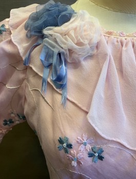 Womens, Historical Fict 3 Piece Dress, N/L MTO, Lt Pink, Slate Blue, Silk, Floral, W:24, B:32, BODICE, Organza with Embroidered Flowers, Short Sleeves, Round Neck with Ruffle, 3D Fabric Rosettes at Arms and Side of Neck, Made To Order Mid 1800's Fantasy