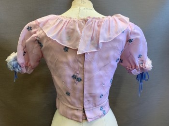 N/L MTO, Lt Pink, Slate Blue, Silk, Floral, BODICE, Organza with Embroidered Flowers, Short Sleeves, Round Neck with Ruffle, 3D Fabric Rosettes at Arms and Side of Neck, Made To Order Mid 1800's Fantasy