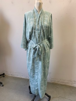 KIM + ONO, Aqua Blue, White, Polyester, Leaves/Vines , Wrap Kimono Style Robe, Self Belt, Long Robe