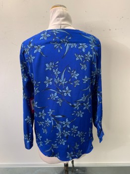 Womens, Top, VINCE CAMUTO, Primary Blue, Lt Blue, Black, Polyester, Floral, B38, M, V-N, Snap at Bust, L/S, Wrap Style Pleated By Right Side Hem