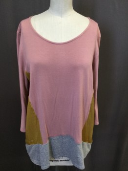 Womens, Top, DOLAN, Dusty Rose Pink, Gold, Heather Gray, Cotton, Silk, Solid, S, Ballet Neck, Long Sleeves, Body Dusty Rose, Sides Gold, Bottom Grey