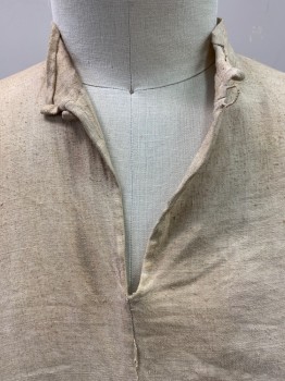 NL, Ecru, Linen, Solid, Blousy,pullover 1 covered Button Stand Collar, Deep V, Small Buttons at Wrist,Aged