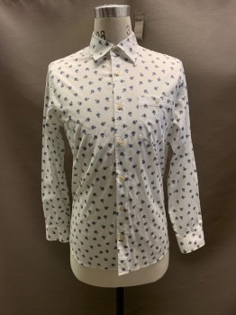 TED BAKER, White, French Blue, Cotton, Floral, C.A., Button Front, L/S, 1 Pocket,