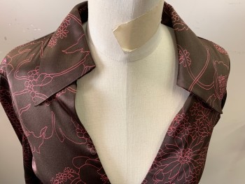 Womens, Top, TRINA TURK, Brown, Pink, Silk, Lycra, Floral, S, Long Sleeves, V-neck, Empire Waist, Collar Attached, Side Zip